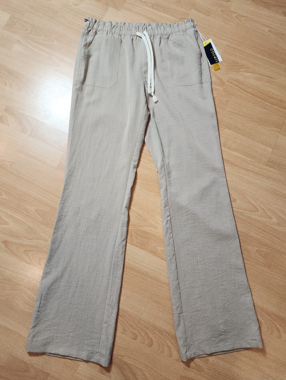 Size Large Tall Linen Blend Pull On Beige Pants Drawstring Stretch Waist Sevego